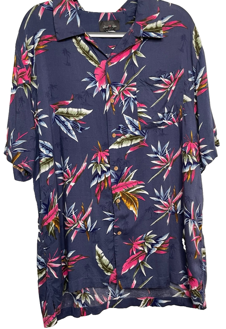 David Taylor Collection XL Hawaiian Tropical Rayon Shirt Navy Pink Floral Camp